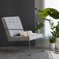 Made in Meubles Fauteuil lounge en tissu bleu délavé armature métal