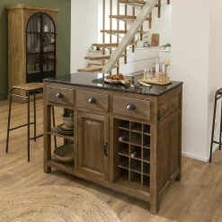 Made in Meubles Ilot central en bois de manguier et plateau en marbre Paul