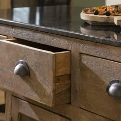 Made in Meubles Ilot central en bois de manguier et plateau en marbre Paul