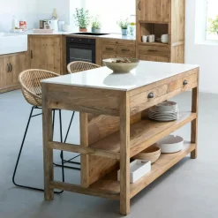 Made in Meubles Ilot central en bois de manguier et marbre blanc Louisa