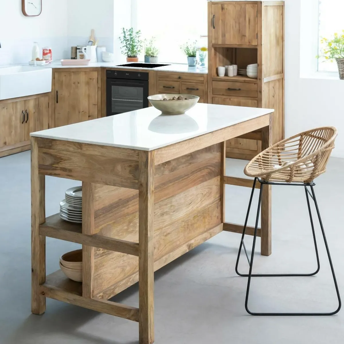 Made in Meubles Ilot central en bois de manguier et marbre blanc Louisa