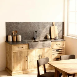 Made in Meubles Meuble bas de cuisine en bois recyclé et pierre bleue Romain