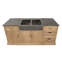 Made in Meubles Meuble bas de cuisine en bois recyclé et pierre bleue Romain