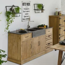 Made in Meubles Meuble bas de cuisine en bois recyclé et pierre bleue Romain