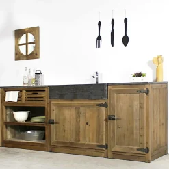 Made in Meubles Meuble bas de cuisine évier 2 vasques pierre bleue Champêtre