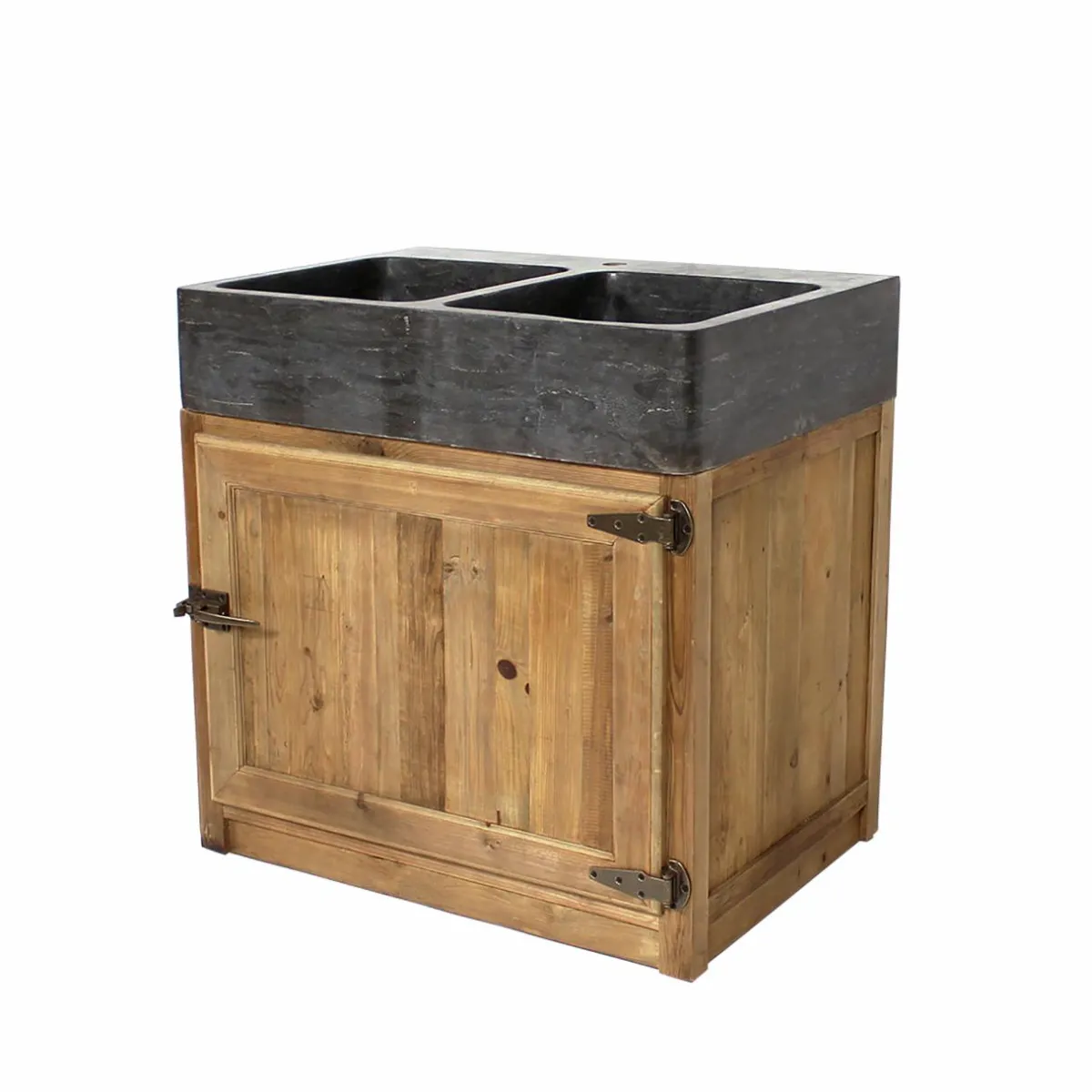 Made in Meubles Meuble bas de cuisine évier 2 vasques pierre bleue Champêtre