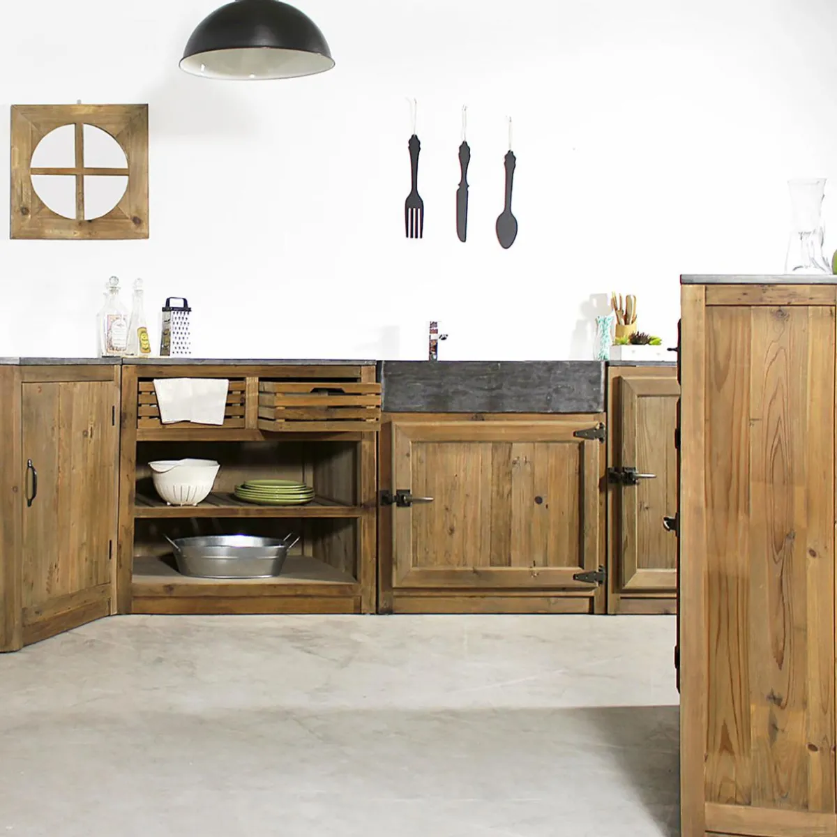 Made in Meubles Meuble bas de cuisine évier 2 vasques pierre bleue Champêtre