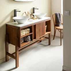 Made in Meubles Meuble sous vasque 2 portes en bois d'acacia et terrazzo Kaelis