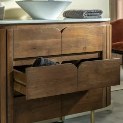 Made in Meubles Meuble sous vasque en bois de manguier et marbre Sienne