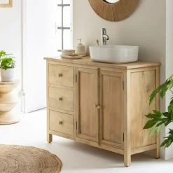 Made in Meubles Meuble sous vasque en bois de manguier blanchi Ronan