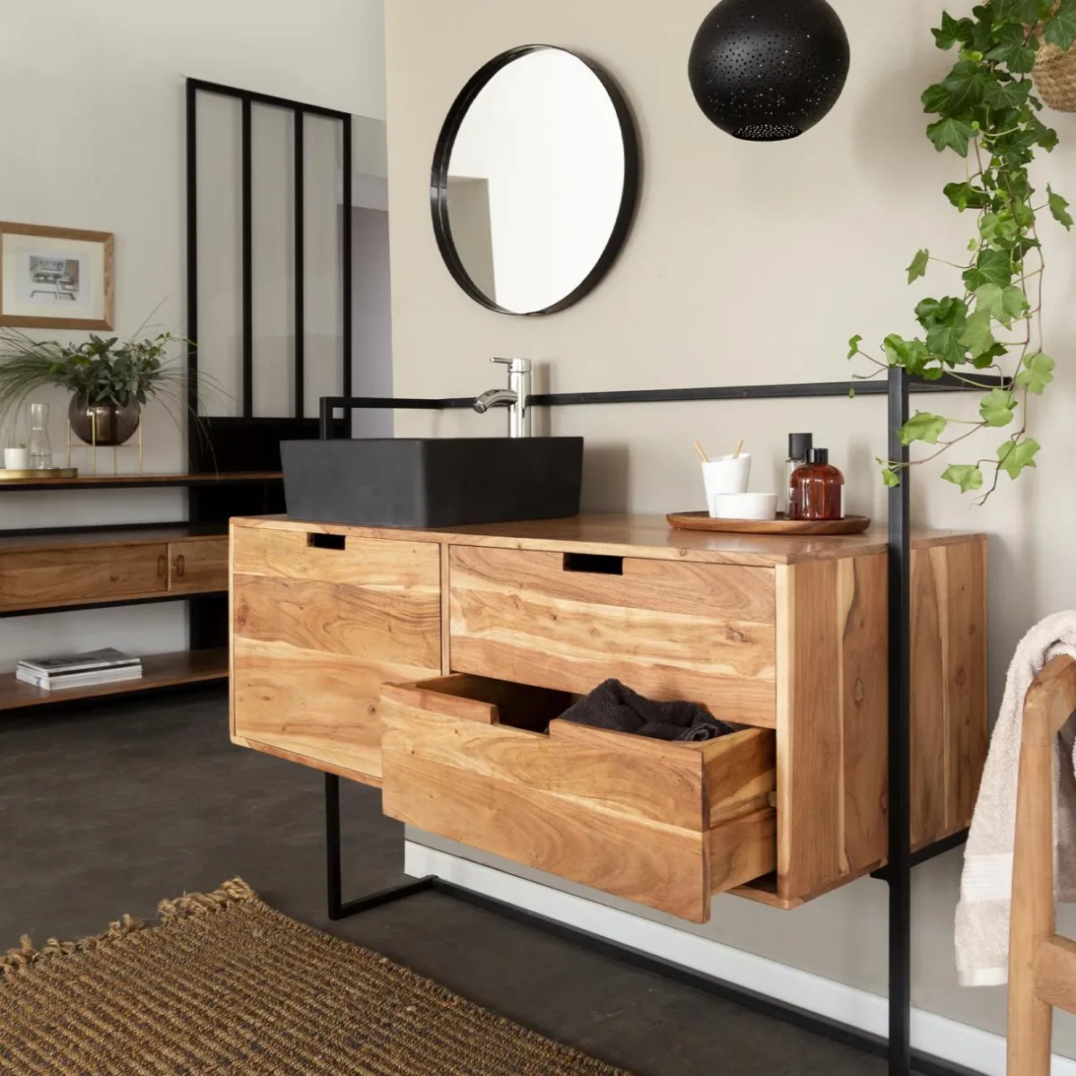 Made in Meubles Meuble sous vasque en bois d'acacia et métal Ninon