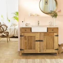 Made in Meubles Meuble sous vasque en bois recyclé et marbre Lizon