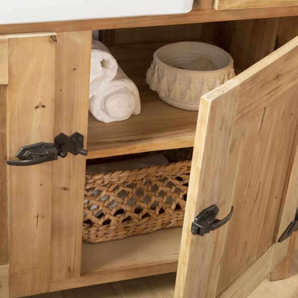 Made in Meubles Meuble sous vasque en bois recyclé et marbre Lizon