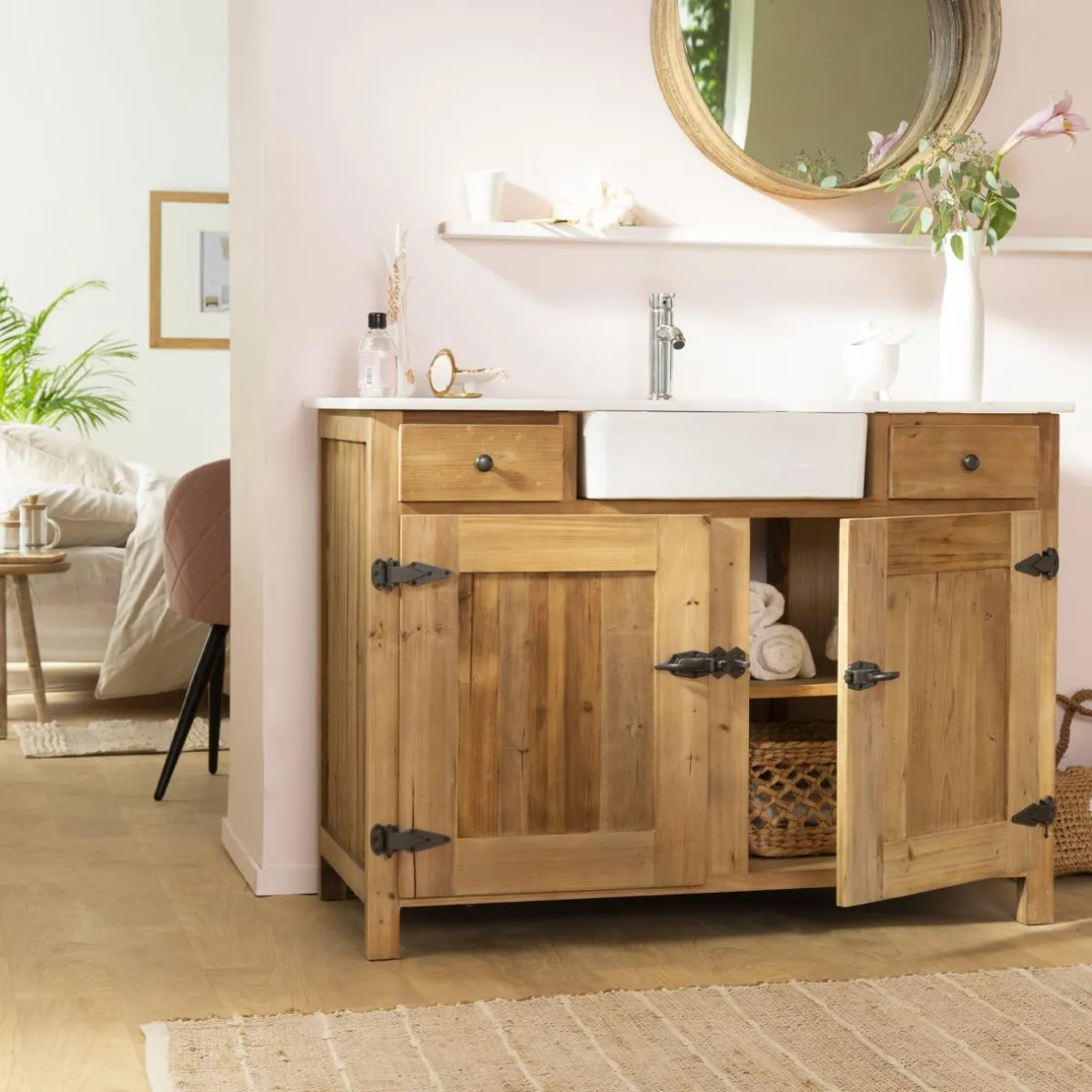 Made in Meubles Meuble sous vasque en bois recyclé et marbre Lizon