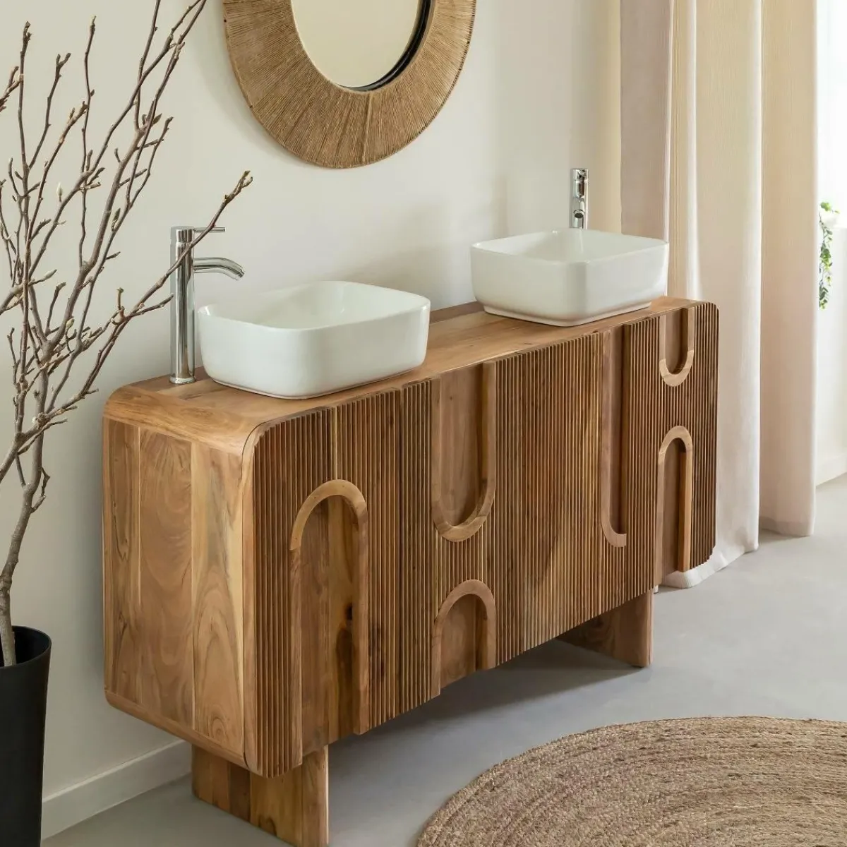 Made in Meubles Meuble sous vasque en bois d'acacia foncé Tilio