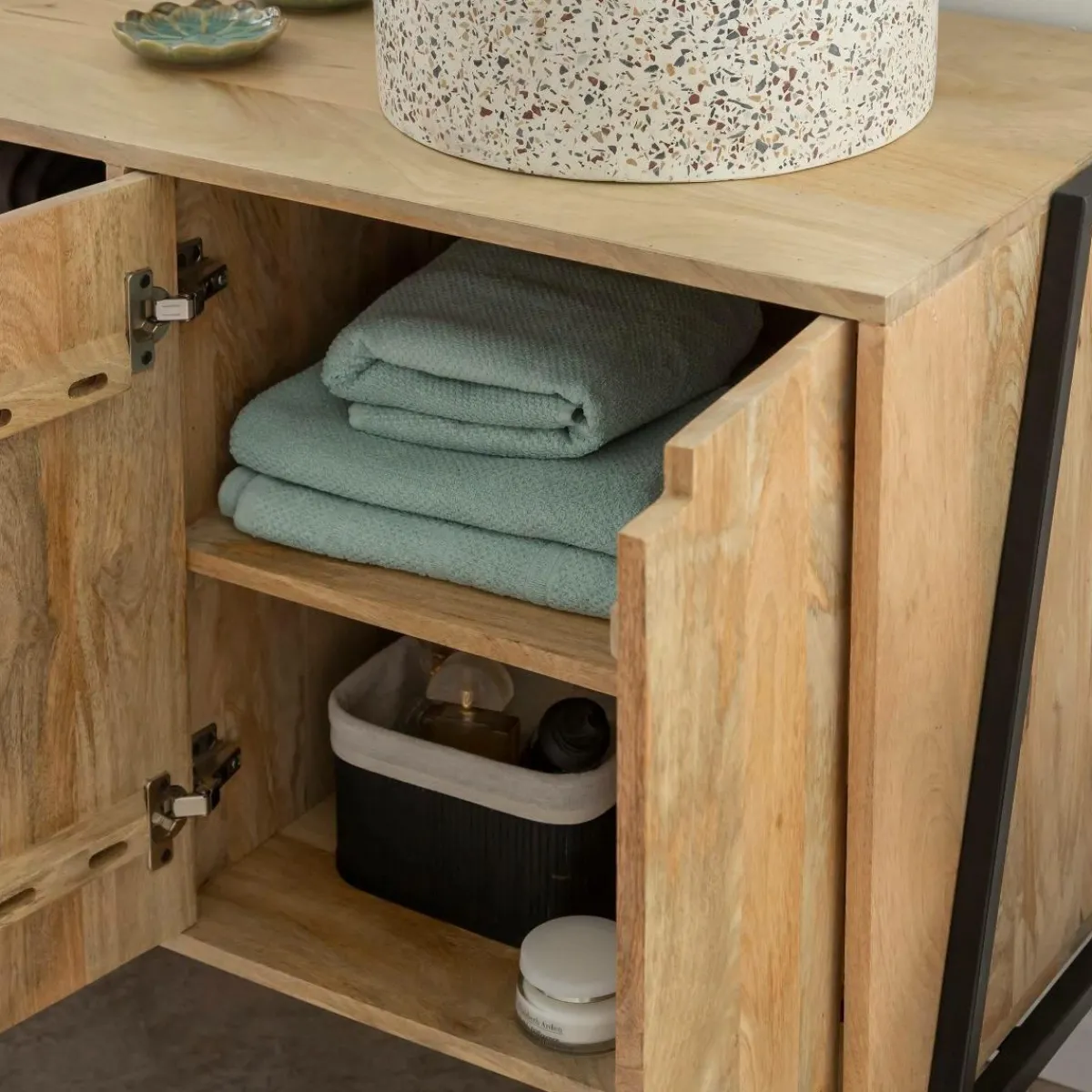 Made in Meubles Meuble sous vasque en bois de manguier et métal Jeanne