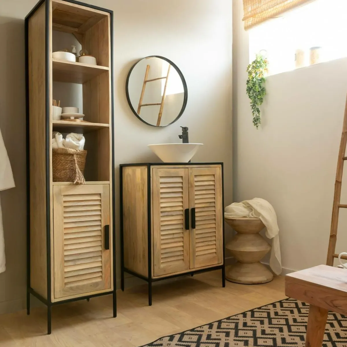 Made in Meubles Meuble sous vasque en bois de manguier et métal Coralie