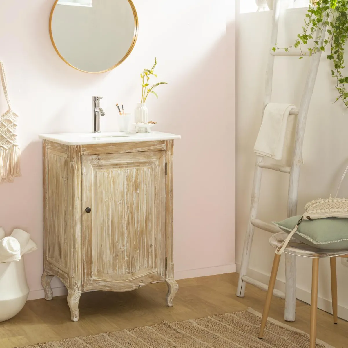 Made in Meubles Meuble sous vasque en pin recyclé blanchi et marbre blanc Gemma