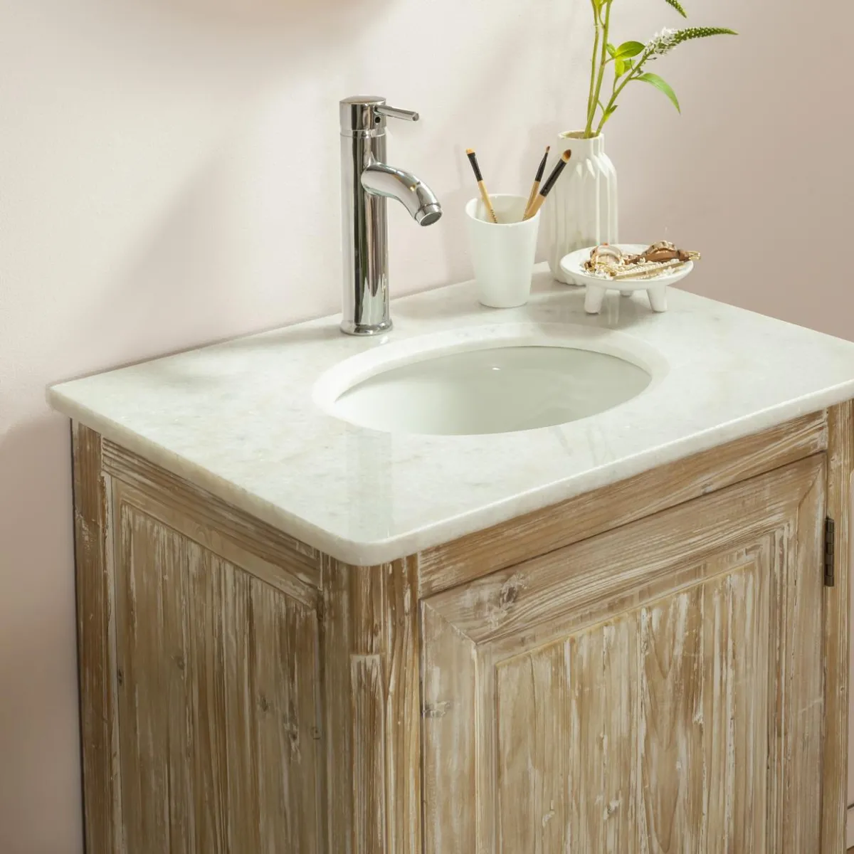 Made in Meubles Meuble sous vasque en pin recyclé blanchi et marbre blanc Gemma