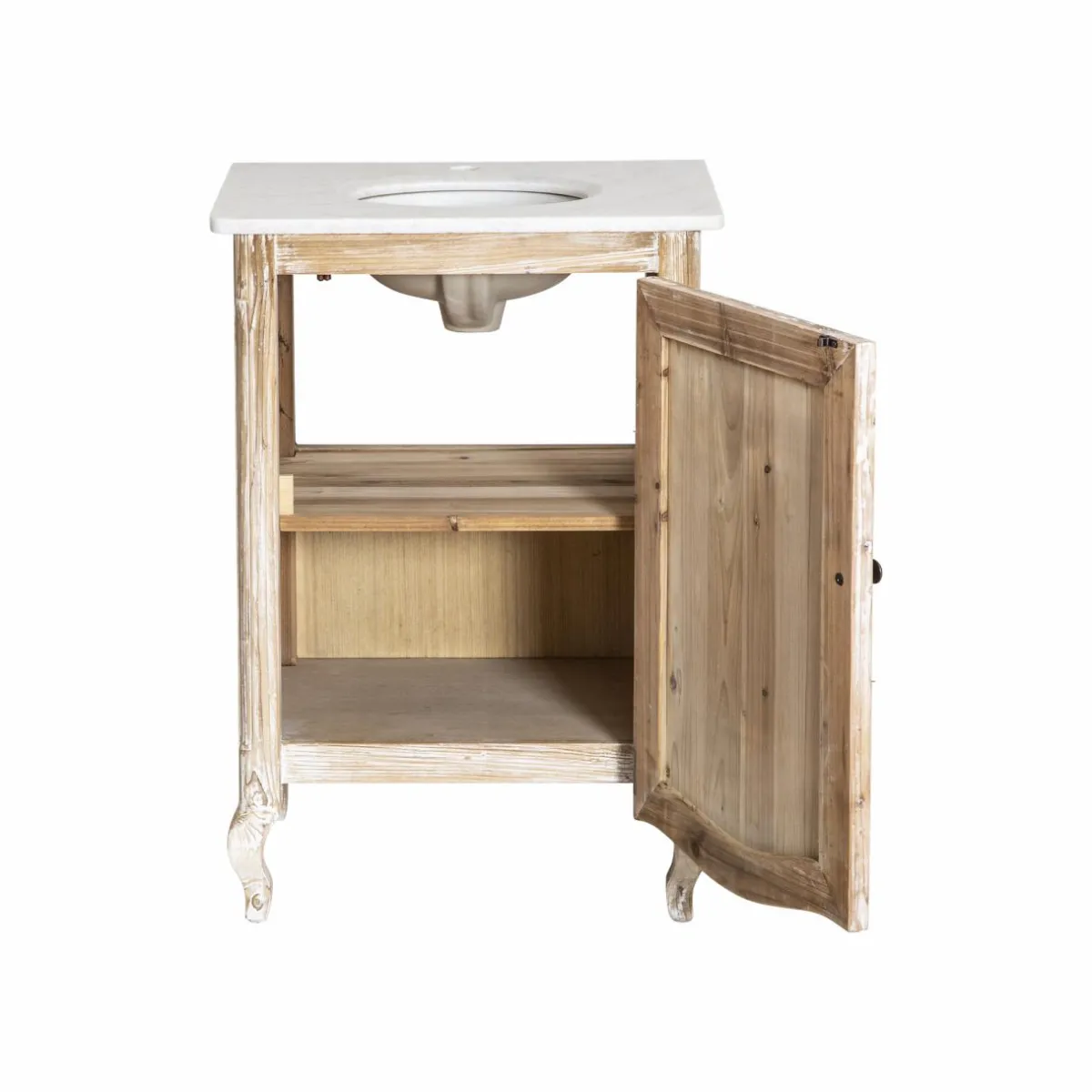 Made in Meubles Meuble sous vasque en pin recyclé blanchi et marbre blanc Gemma