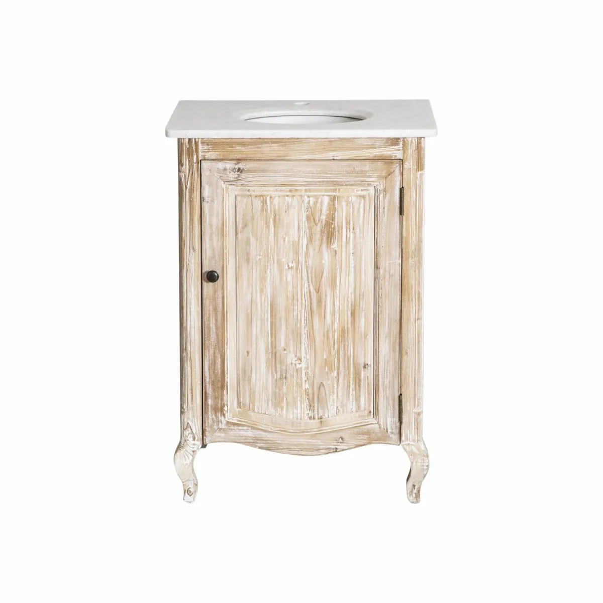 Made in Meubles Meuble sous vasque en pin recyclé blanchi et marbre blanc Gemma