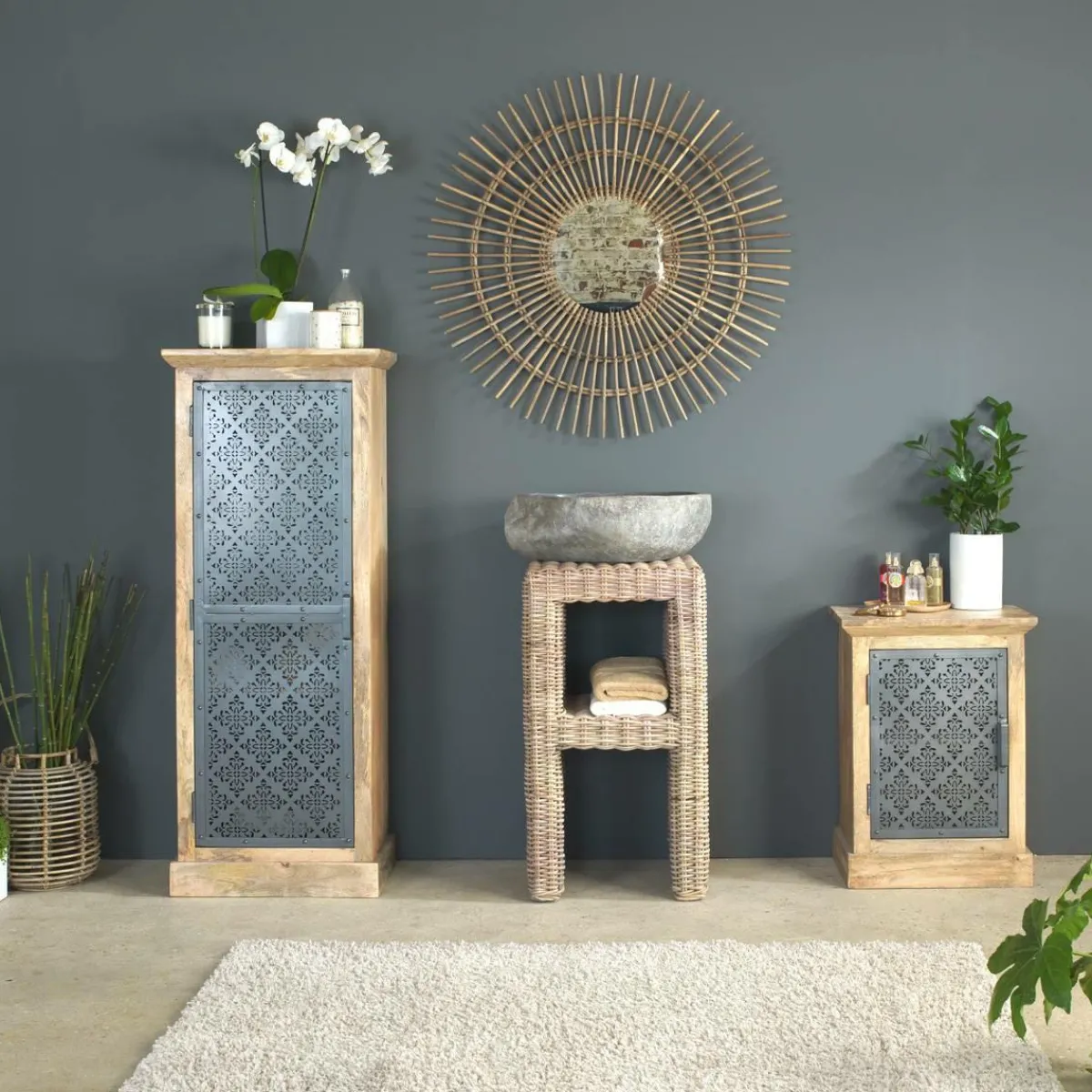 Made in Meubles Meuble sous vasque en rotin Rattan