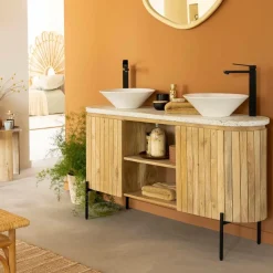 Made in Meubles Meuble sous vasque en terrazzo et bois de manguier Lou