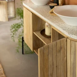 Made in Meubles Meuble sous vasque en terrazzo et bois de manguier Lou