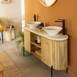 Made in Meubles Meuble sous vasque en terrazzo et bois de manguier Lou