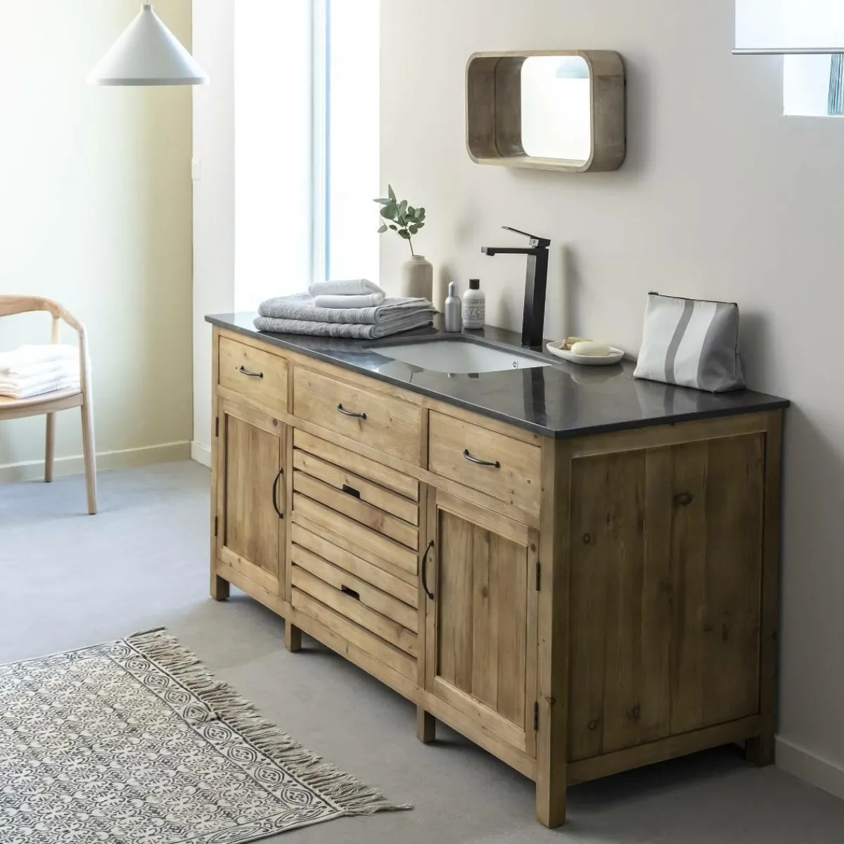Made in Meubles Meuble sous vasque en vieux pin et pierre bleue Garance