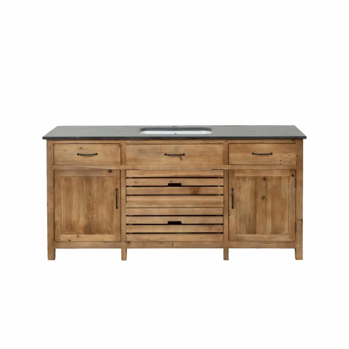 Made in Meubles Meuble sous vasque en vieux pin et pierre bleue Garance