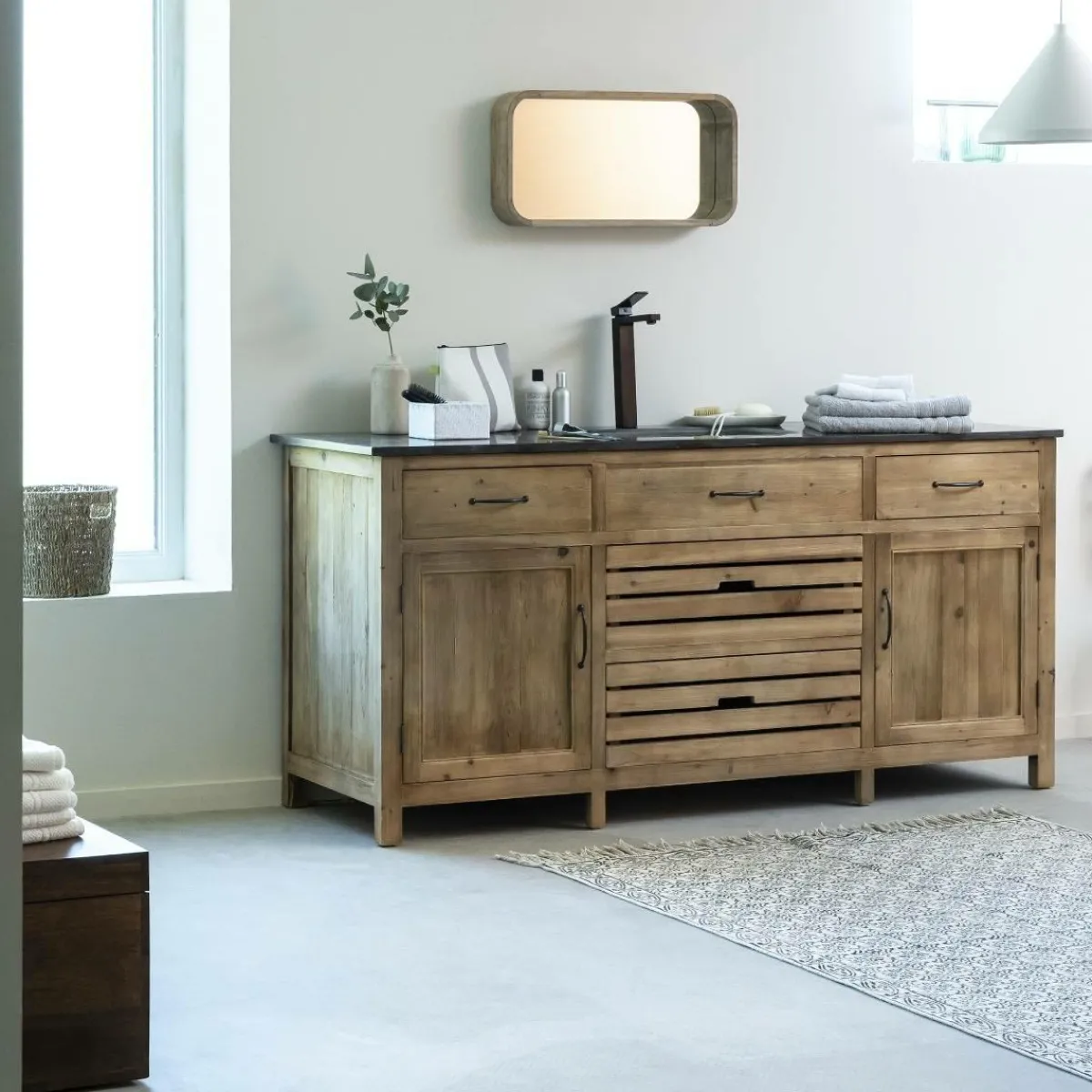 Made in Meubles Meuble sous vasque en vieux pin et pierre bleue Garance