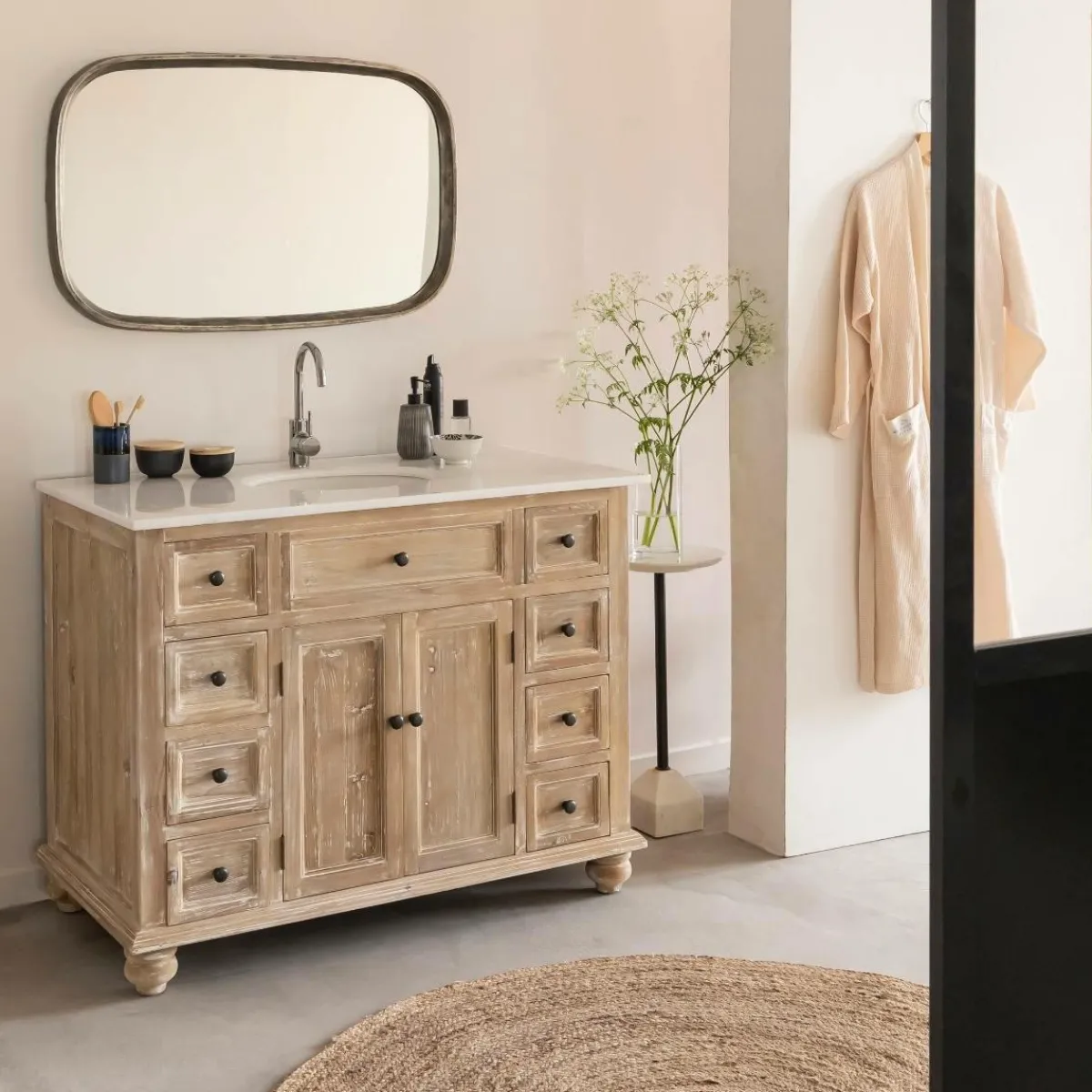 Made in Meubles Meuble sous vasque en vieux pin et marbre blanc Octavie