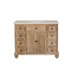 Made in Meubles Meuble sous vasque en vieux pin et marbre blanc Octavie