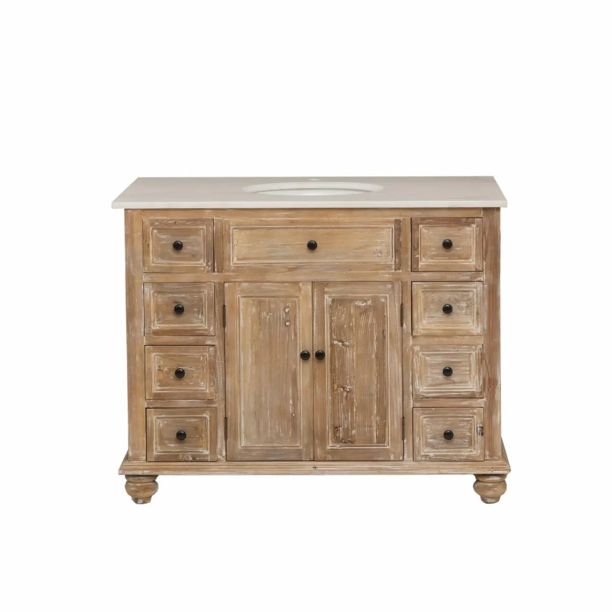 Made in Meubles Meuble sous vasque en vieux pin et marbre blanc Octavie