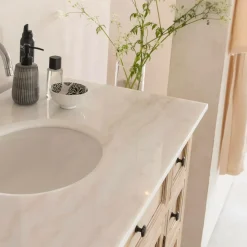 Made in Meubles Meuble sous vasque en vieux pin et marbre blanc Octavie