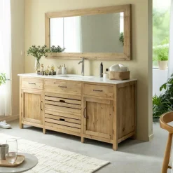 Made in Meubles Meuble sous vasque en vieux pin et marbre blanc Nils