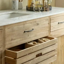 Made in Meubles Meuble sous vasque en vieux pin et marbre blanc Nils