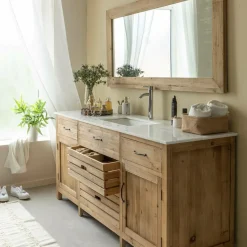 Made in Meubles Meuble sous vasque en vieux pin et marbre blanc Nils