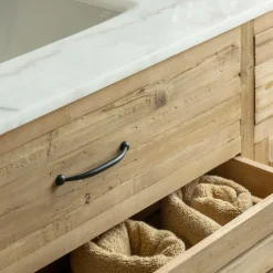 Made in Meubles Meuble sous vasque en vieux pin et marbre blanc Nils
