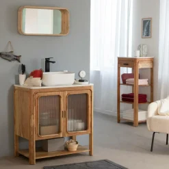 Made in Meubles Meuble sous vasque vitré en bois d'acacia et marbre Emyr