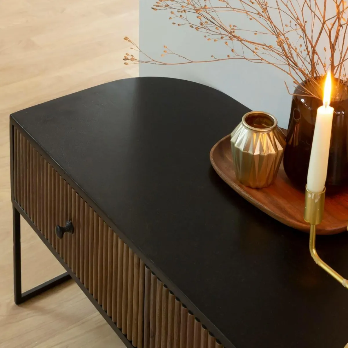 Made in Meubles Meuble TV arrondi en bois de manguier et métal Ysé