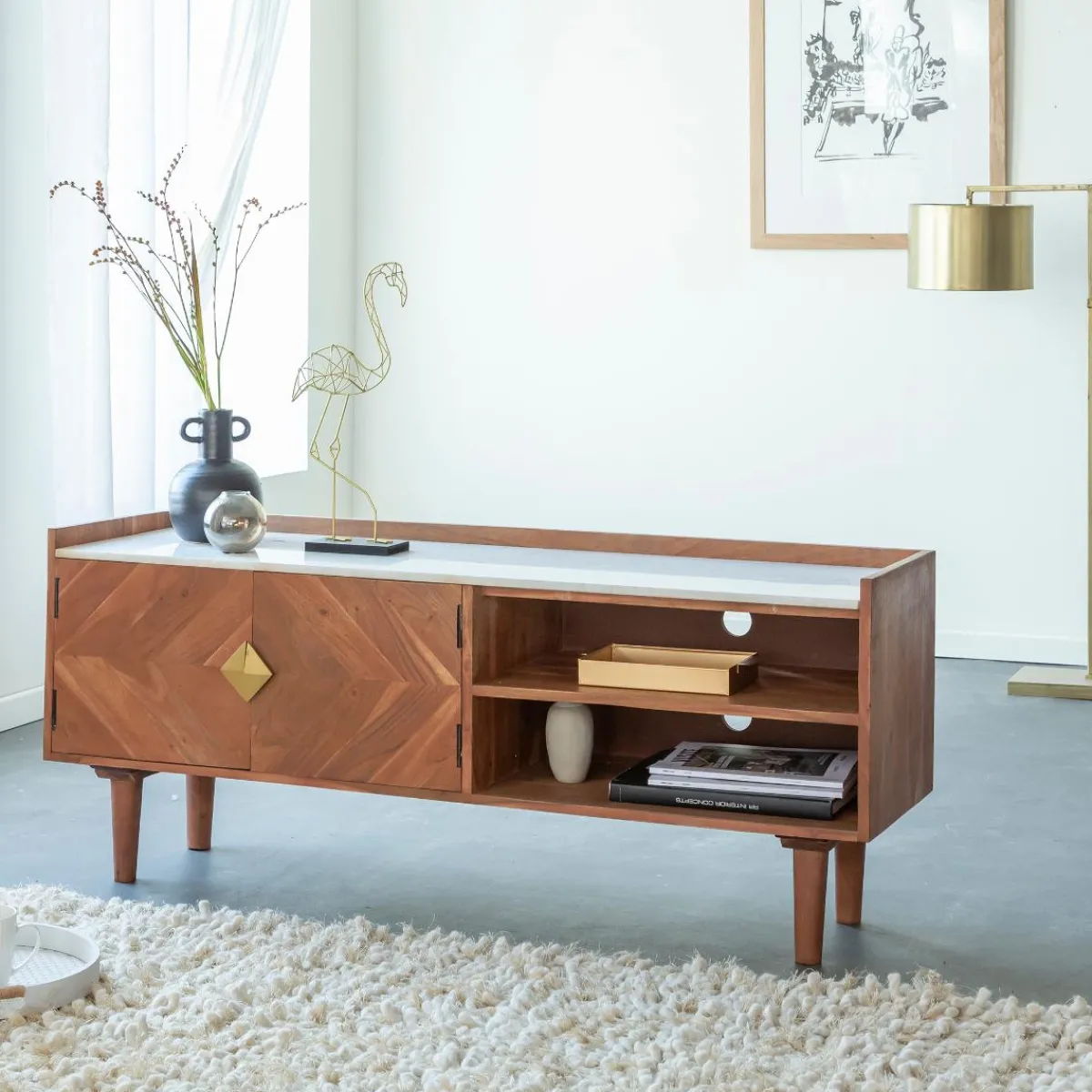 Made in Meubles Meuble TV en bois d'acacia Naxos