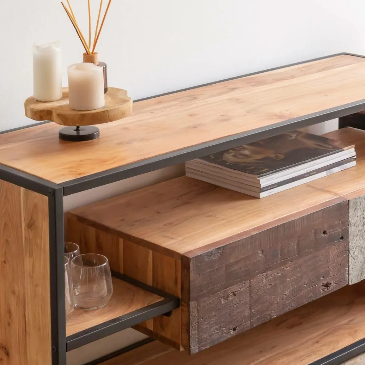 Made in Meubles Meuble TV en bois d'acacia Ernest