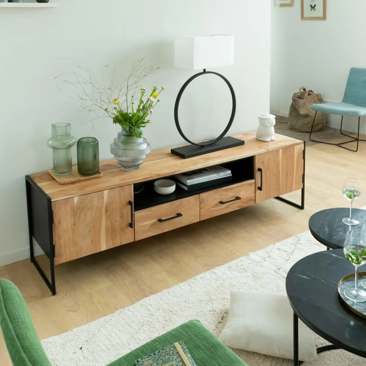 Made in Meubles Meuble TV en bois d'acacia et métal Bosco
