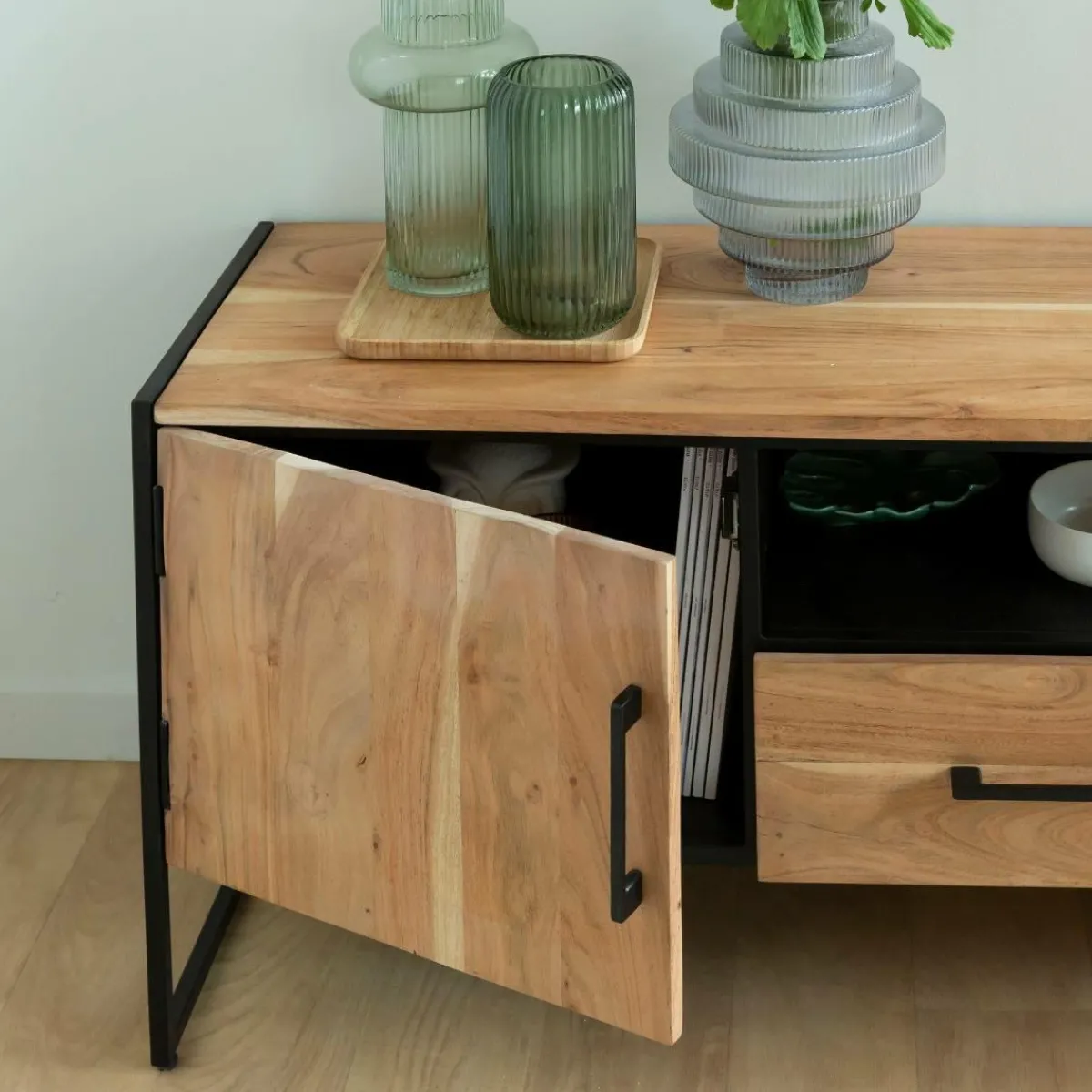 Made in Meubles Meuble TV en bois d'acacia et métal Bosco