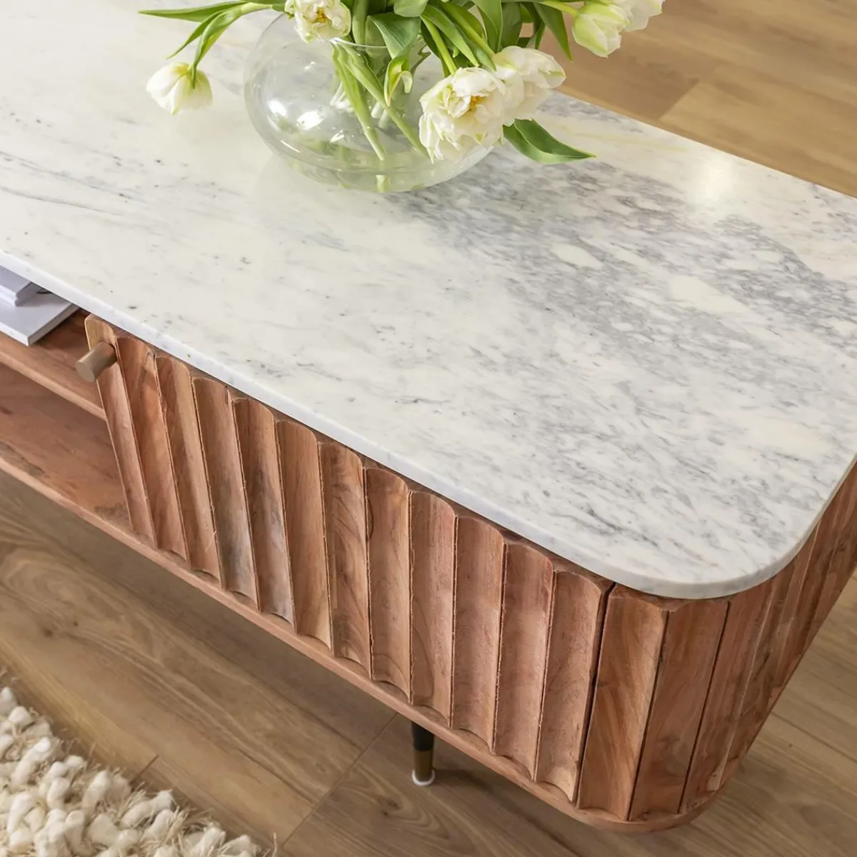 Made in Meubles Meuble tv en bois d'acacia et marbre blanc Judith