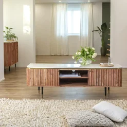 Made in Meubles Meuble tv en bois d'acacia et marbre blanc Judith