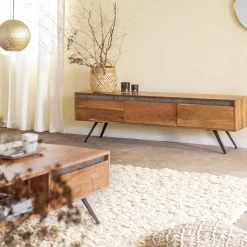 Made in Meubles Meuble TV en bois d'acacia et pierre Yvan