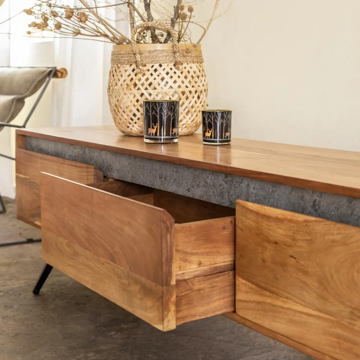 Made in Meubles Meuble TV en bois d'acacia et pierre Yvan
